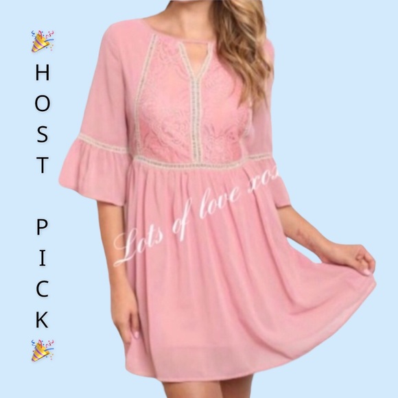 Dresses & Skirts - Blush Pink Bell Sleeve Lace Embroidery Lined Dress